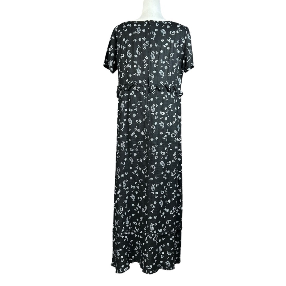 Y2K MATCH Linen Paisley Midi Dress 12 Vintage Black White Ruffle USA - Picture 4 of 10